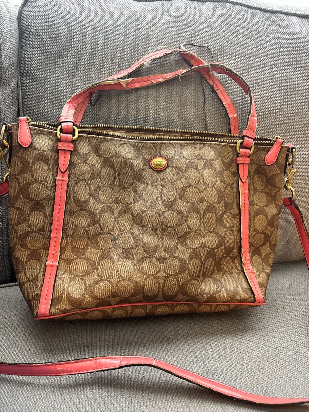Coach Brown Signature Canvas Tote with Coral Trim